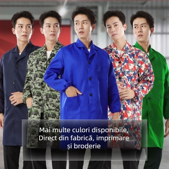 Costum de protecție pentru muncă cu proprietăți anti-murdărire și dezinfectare, din amestec bumbac și fibre chimice, căptușeală poliester, destinat uzului în fabrică