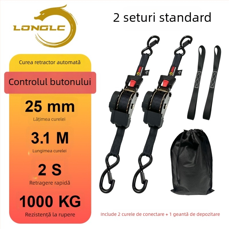 Bandă de fixare pentru bagaje pe motocicletă cu tensionator – poliester, încărcare nominală 500 kg, rezistență la rupere 1000 kg, factor de siguranță 2:1