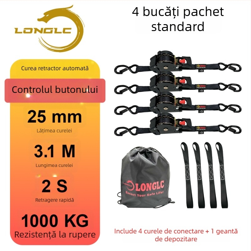Bandă de fixare pentru bagaje pe motocicletă cu tensionator – poliester, încărcare nominală 500 kg, rezistență la rupere 1000 kg, factor de siguranță 2:1