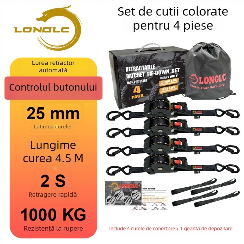 Bandă de fixare pentru bagaje pe motocicletă cu tensionator – poliester, încărcare nominală 500 kg, rezistență la rupere 1000 kg, factor de siguranță 2:1