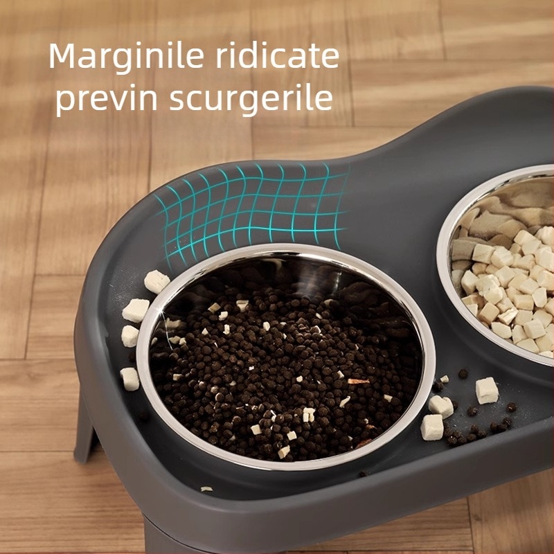 Stație înălțată de hrănire pentru câini cu două boluri – boluri din oțel inoxidabil pe suport PP/TPR, protecție pentru gât, design anti-răsturnare