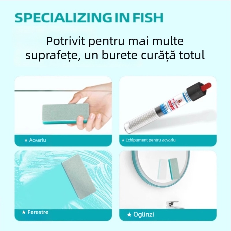 Șervețel dublu față pentru curățarea pereților interiori din sticlă ai rezervorului; elimină depunerile de calcar, urmele de apă și petele; sigur pentru rezervoare; uz casnic; lansat în 2024