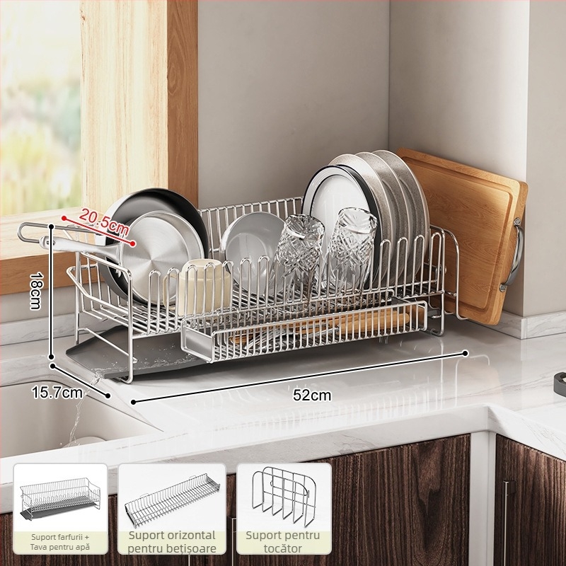 Raft pentru vase din oțel inoxidabil 304, pentru marginea chiuvetei, drenare și depozitare a farfuriilor