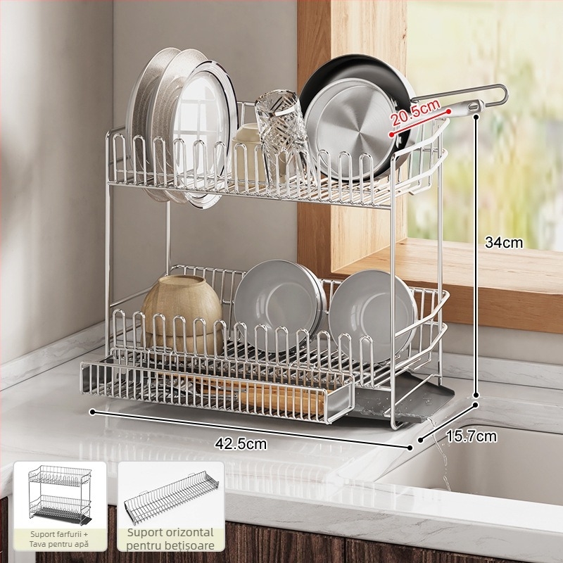 Raft pentru vase din oțel inoxidabil 304, pentru marginea chiuvetei, drenare și depozitare a farfuriilor