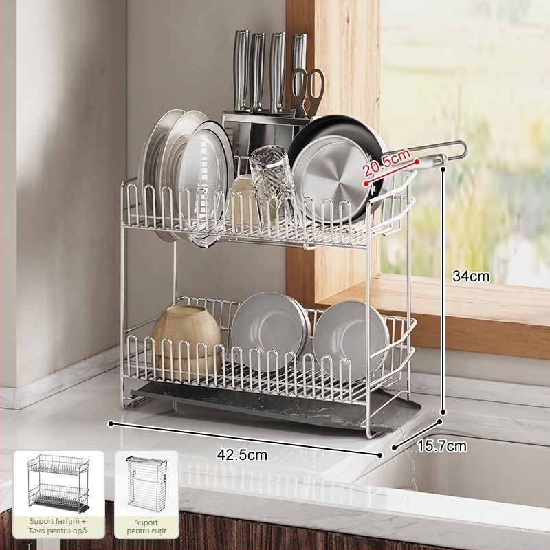 Raft pentru vase din oțel inoxidabil 304, pentru marginea chiuvetei, drenare și depozitare a farfuriilor