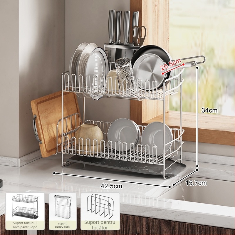 Raft pentru vase din oțel inoxidabil 304, pentru marginea chiuvetei, drenare și depozitare a farfuriilor