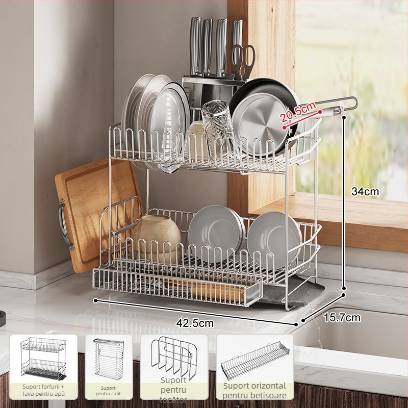 Raft pentru vase din oțel inoxidabil 304, pentru marginea chiuvetei, drenare și depozitare a farfuriilor