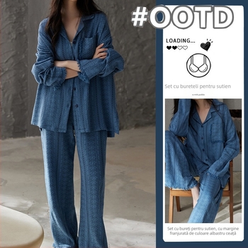 Set de pijamale pentru femei – Cloud Cotton, cardigan în stil minimalist modern, țesătură subțire, 181–200 g/m², guler înalt, pentru uz casnic, pantaloni lungi și mâneci lungi