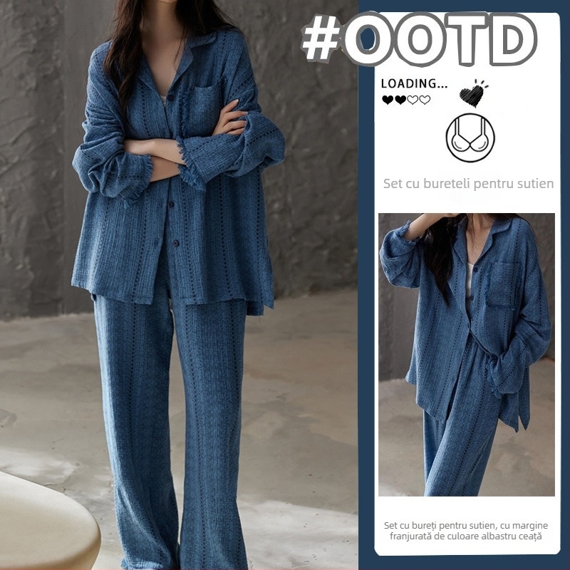 Set de pijamale pentru femei – Cloud Cotton, cardigan în stil minimalist modern, țesătură subțire, 181–200 g/m², guler înalt, pentru uz casnic, pantaloni lungi și mâneci lungi
