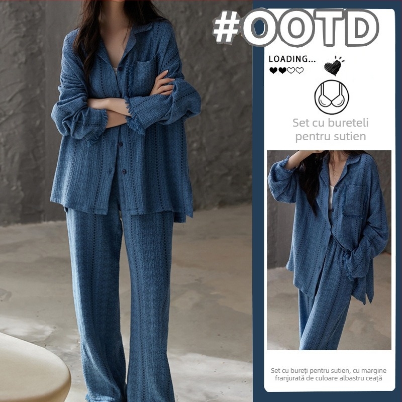 Set de pijamale pentru femei – Cloud Cotton, cardigan în stil minimalist modern, țesătură subțire, 181–200 g/m², guler înalt, pentru uz casnic, pantaloni lungi și mâneci lungi