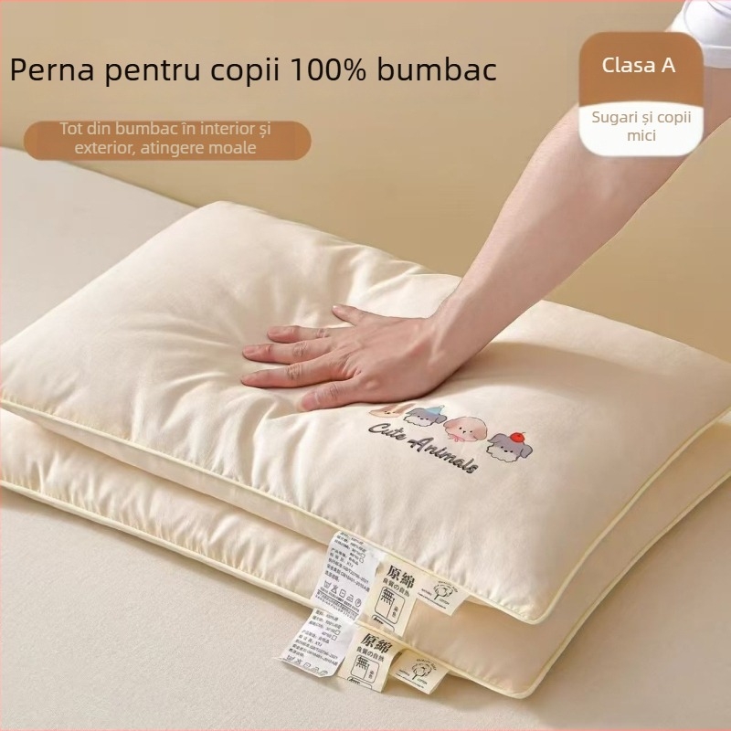 Pernă pentru copii din 100% bumbac, formă dreptunghiulară, umplură și miez din bumbac, lavabilă, pentru copii sub 6 ani
