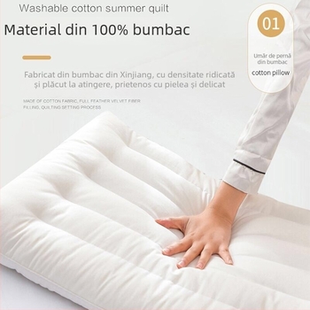 Pernă cu profil redus din bumbac, ultra-subțire, dreptunghiulară, pentru adulți, umplutură fibre de poliester
