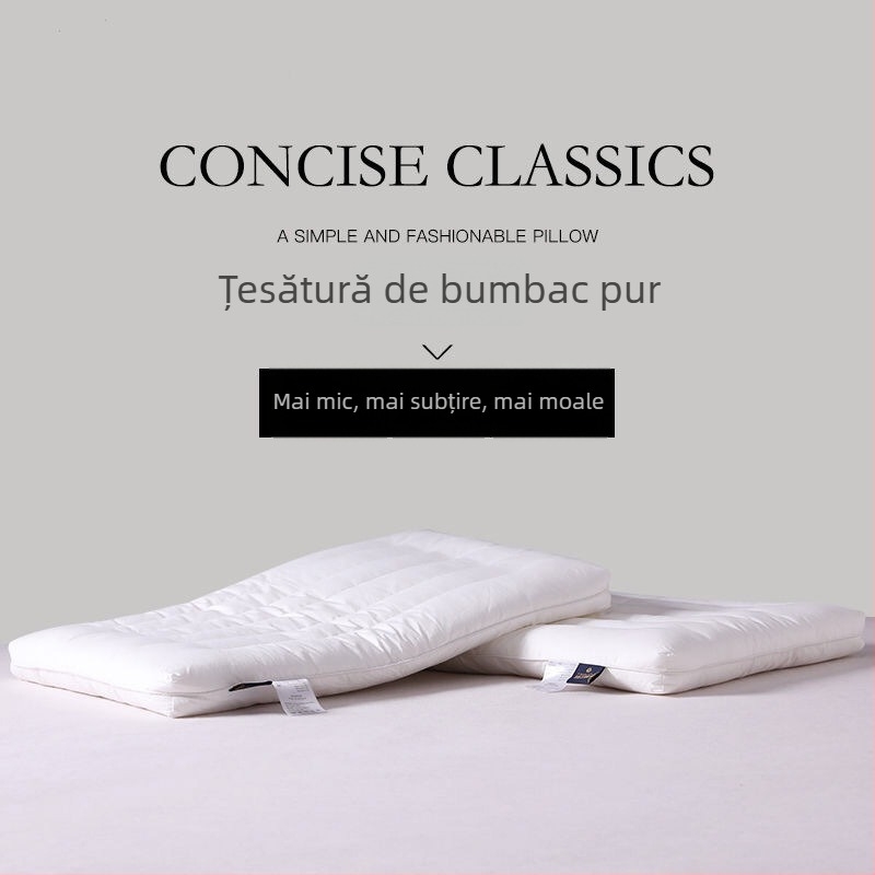 Pernă cu profil redus din bumbac, ultra-subțire, dreptunghiulară, pentru adulți, umplutură fibre de poliester