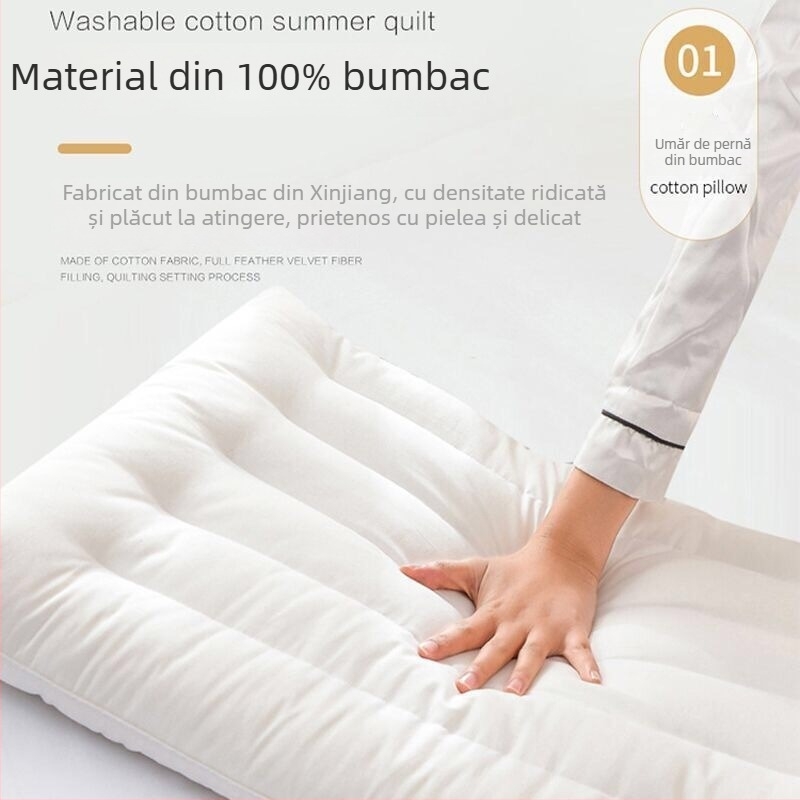 Pernă cu profil redus din bumbac, ultra-subțire, dreptunghiulară, pentru adulți, umplutură fibre de poliester