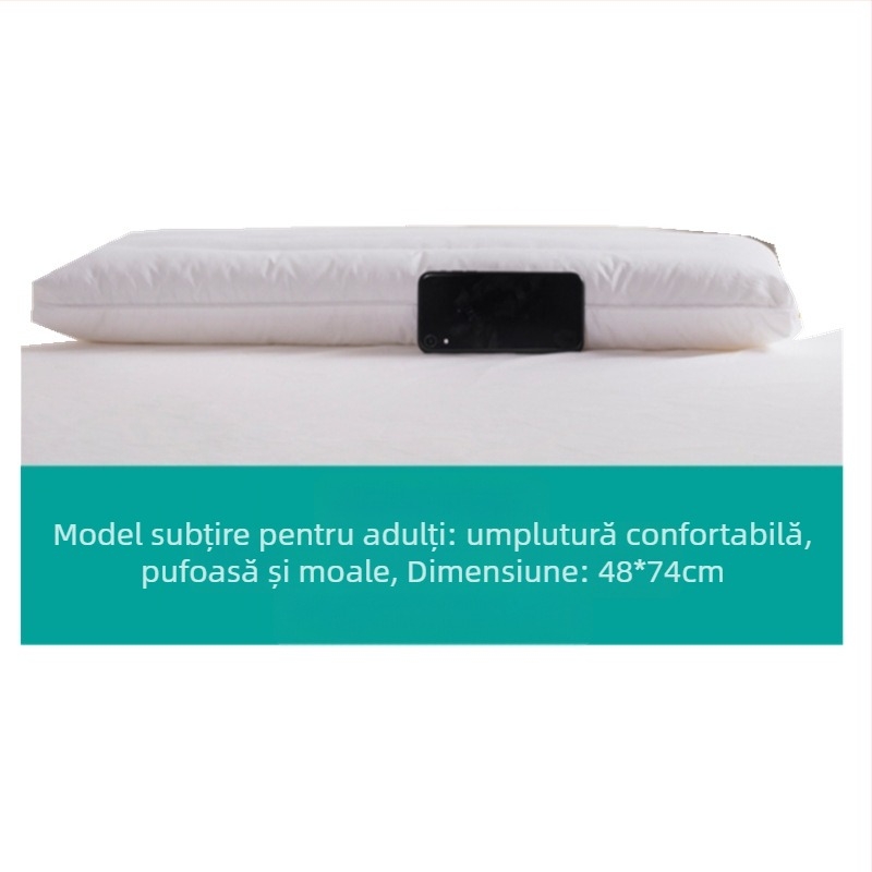 Pernă cu profil redus din bumbac, ultra-subțire, dreptunghiulară, pentru adulți, umplutură fibre de poliester