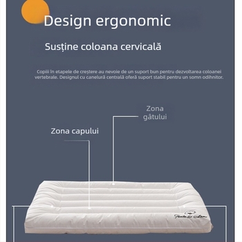Pernă ultra-subțire, cu profil foarte mic, pentru susținerea gâtului, umplutură moale și husă de bumbac; potrivită pentru adulți, copii și sugari; dimensiuni 30x50 cm, 40x60 cm, 48x74 cm.