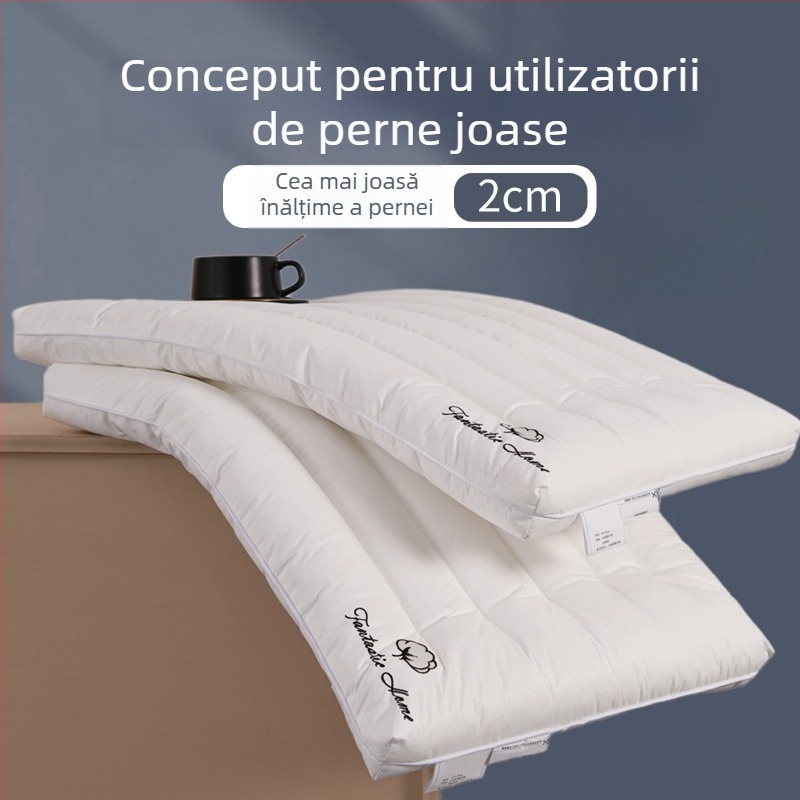 Pernă ultra-subțire, cu profil foarte mic, pentru susținerea gâtului, umplutură moale și husă de bumbac; potrivită pentru adulți, copii și sugari; dimensiuni 30x50 cm, 40x60 cm, 48x74 cm.