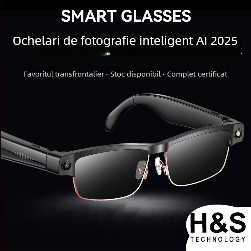 L802 Ochelari inteligenți cu AI, Cameră 8MP, 4GB memorie, baterie 270mAh, apeluri Bluetooth și redare muzică, protecție împotriva luminii albastre