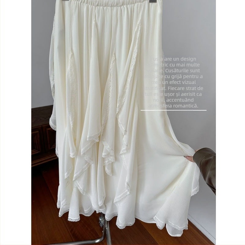 Fustă lungă în formă de lotus, insertie de dantelă neregulată-volan, design prin îmbinare, poliester