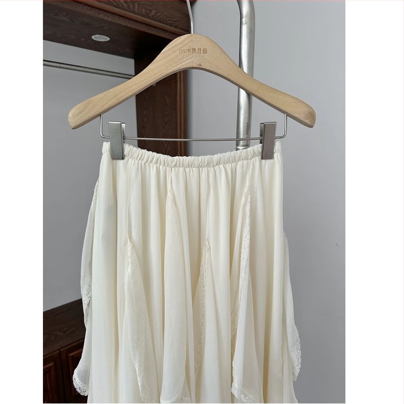 Fustă lungă în formă de lotus, insertie de dantelă neregulată-volan, design prin îmbinare, poliester