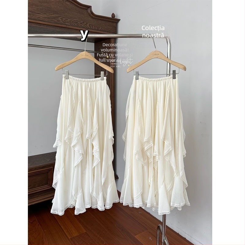 Fustă lungă în formă de lotus, insertie de dantelă neregulată-volan, design prin îmbinare, poliester