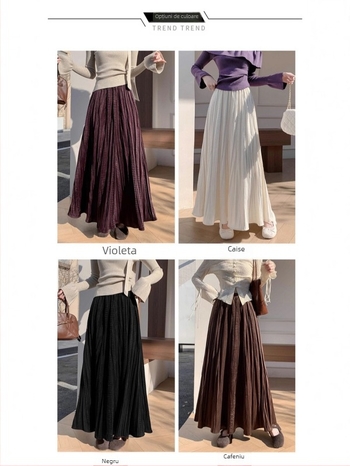 Fustă A-line din catifea, talie înaltă, plisată, 50–70% poliester, iarna 2025