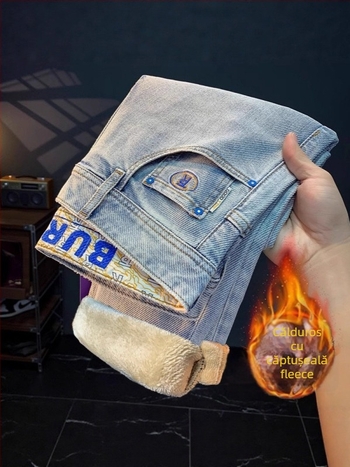 Blugi bărbați talie înaltă, denim cu 60% elastan, croială crop lungime dreaptă, fermoar