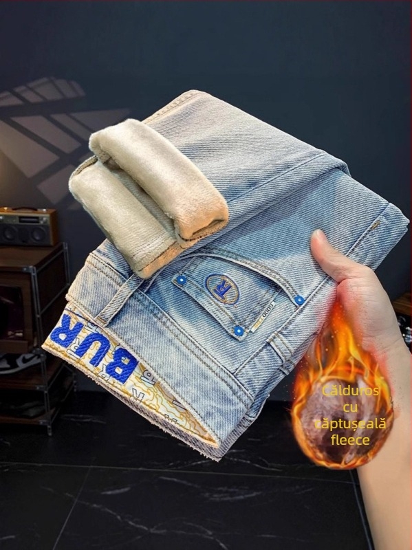 Blugi bărbați talie înaltă, denim cu 60% elastan, croială crop lungime dreaptă, fermoar