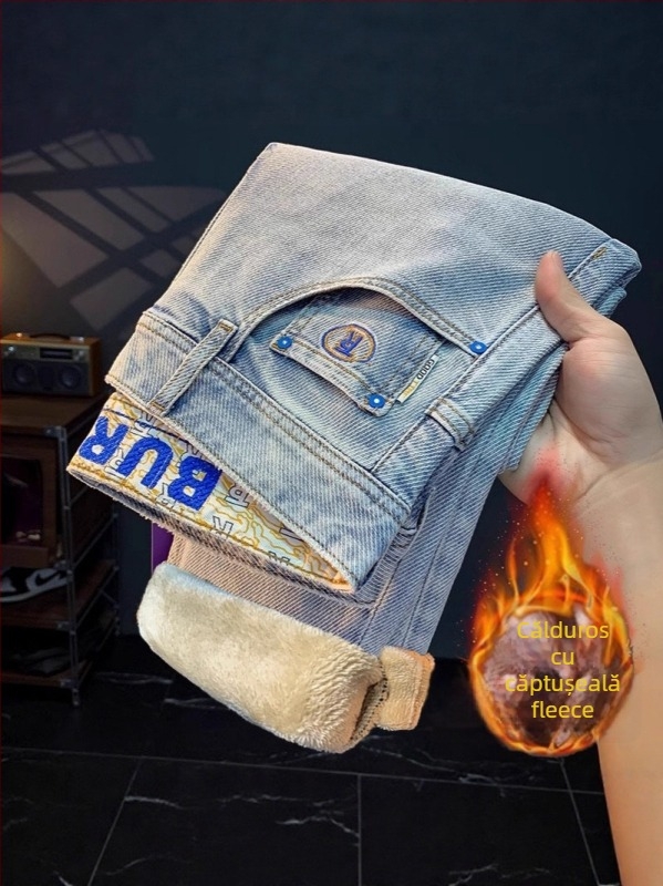 Blugi bărbați talie înaltă, denim cu 60% elastan, croială crop lungime dreaptă, fermoar