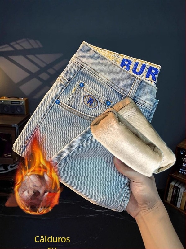 Blugi bărbați talie înaltă, denim cu 60% elastan, croială crop lungime dreaptă, fermoar