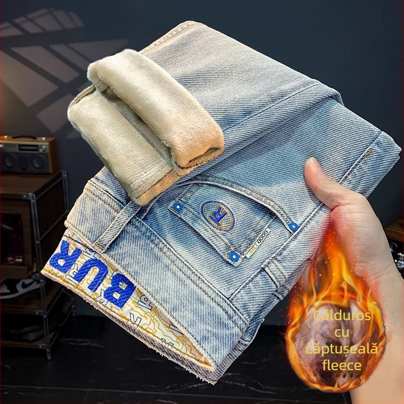 Blugi bărbați talie înaltă, denim cu 60% elastan, croială crop lungime dreaptă, fermoar