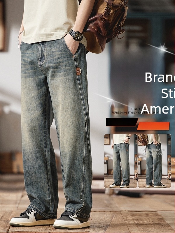 Jeansi bărbătești cu croială dreaptă, lejeră, talie medie, închidere cu fermoar, spălați cu detalii retro