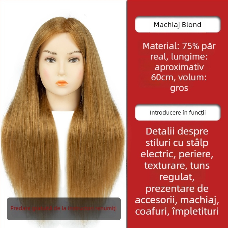 Cap de practică pentru împletit părul, păr din mătase mixtă, păr lung, stil natural, model D1, pentru practică de împletire, nu este potrivit pentru vopsire cu căldură