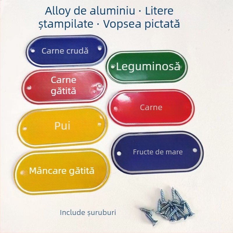 Set de etichete de bucătărie din aliaj de aluminiu pentru clasificarea alimentelor crude și gătite, etichete autoadezive cu finisaj de vopsire la cuptor, destinat școlilor, spitalelor, hotelurilor și centrelor comerciale. Origine: Wenzhou, China