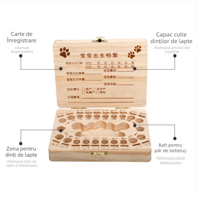 Cutie din lemn pentru amintiri cu dinți de bebe și păr – origine Shandong, pentru copii 4–6 ani, unisex