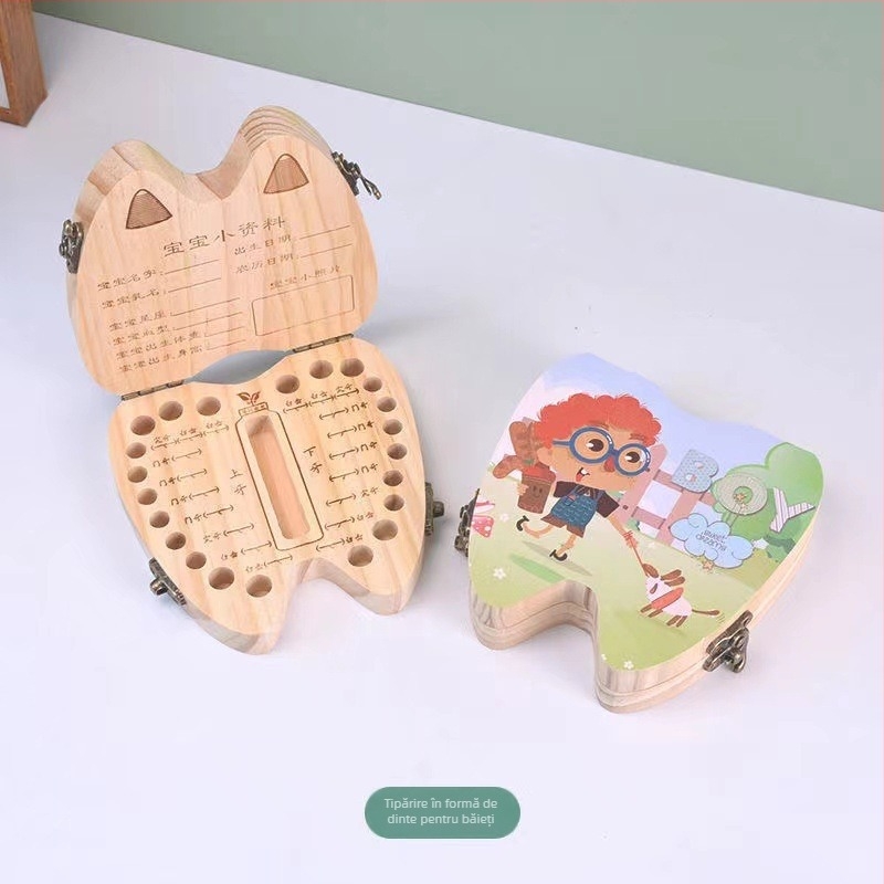 Cutie din lemn pentru amintiri cu dinți de bebe și păr – origine Shandong, pentru copii 4–6 ani, unisex