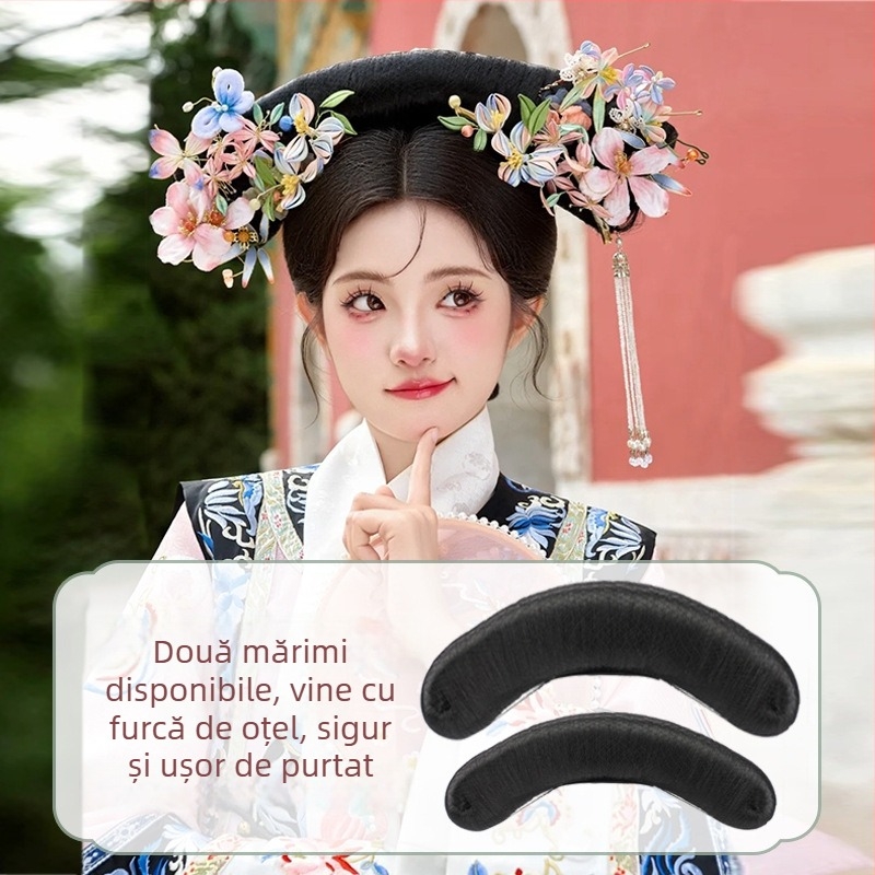 Perucă în stil Qing dinastie pentru palat, cu diademă integrată, model Gege flag head, material: sârmă rezistentă la temperaturi înalte, lungime: scurtă, stil: lux ușor.