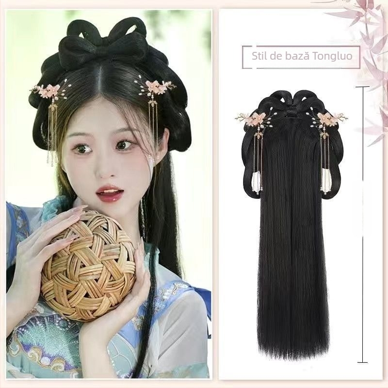 Perucă cu bandă de păr integrată, bucle scurte — inspirație Hanfu, acoperire completă a capului, țesută manual, cu sârmă de temperatură înaltă, model 1