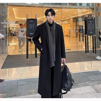 Palton de bărbați din lână - stil coreean, gros, cu nasturi la un singur rând, rever, culoare solidă