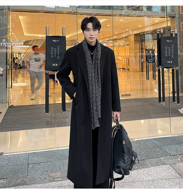 Palton de bărbați din lână - stil coreean, gros, cu nasturi la un singur rând, rever, culoare solidă