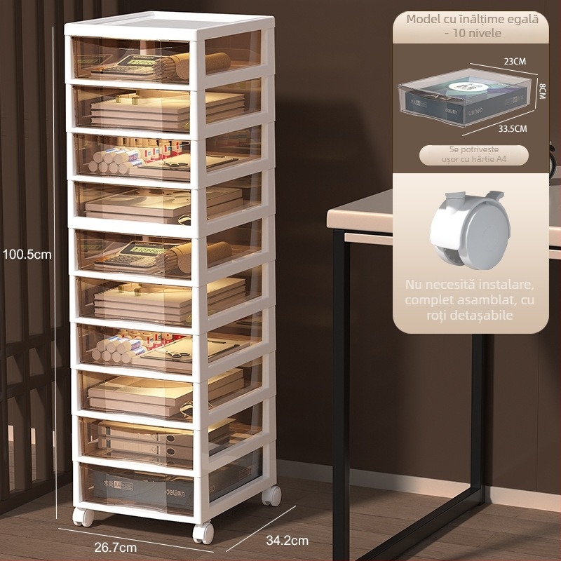 Raft de depozitare sub birou, cu 9+ niveluri — mobil, din plastic, montaj la podea