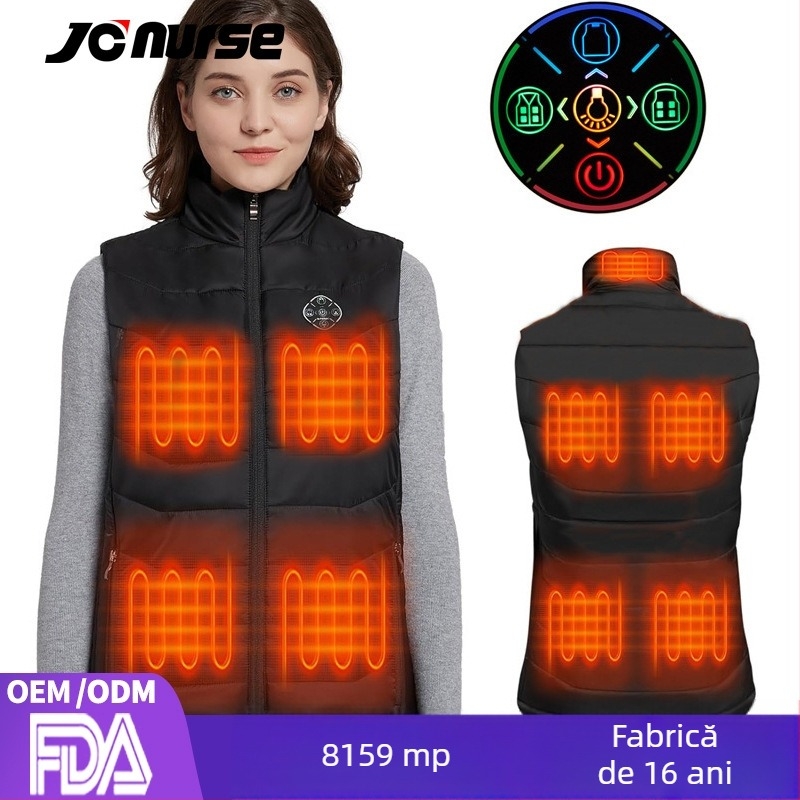 Vestă încălzită, stil cardigan, temperatură constantă – Unisex, iarnă/toamnă, umplutură bumbac, căptușeală poliester