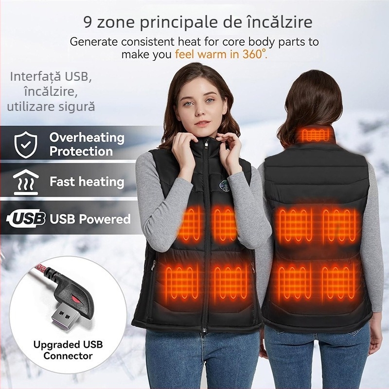 Vestă încălzită, stil cardigan, temperatură constantă – Unisex, iarnă/toamnă, umplutură bumbac, căptușeală poliester