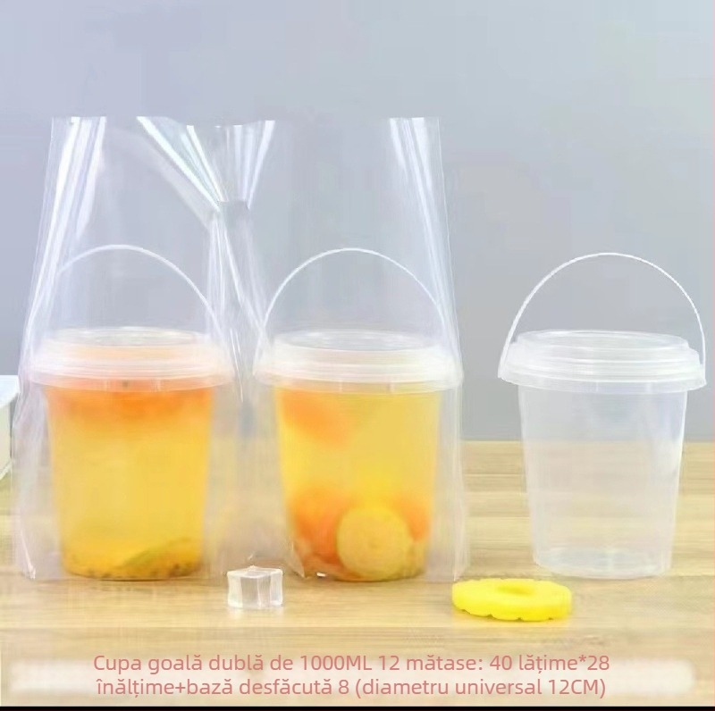 Pungi transparente din film moale pentru băuturi, la take-away — grosime 8 silk, capacitate până la 1000 ml, de unică folosință cu mâner, producție zilnică 200000