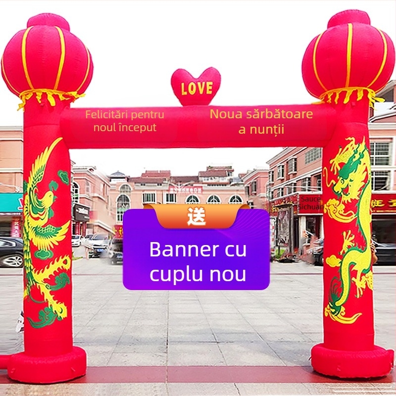 Arc de nuntă gonflabil pentru exterior, cu motiv Dragon și Fenix și curcubeu