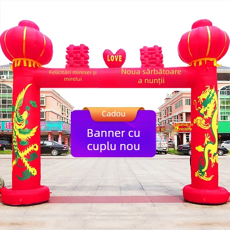 Arc de nuntă gonflabil pentru exterior, cu motiv Dragon și Fenix și curcubeu
