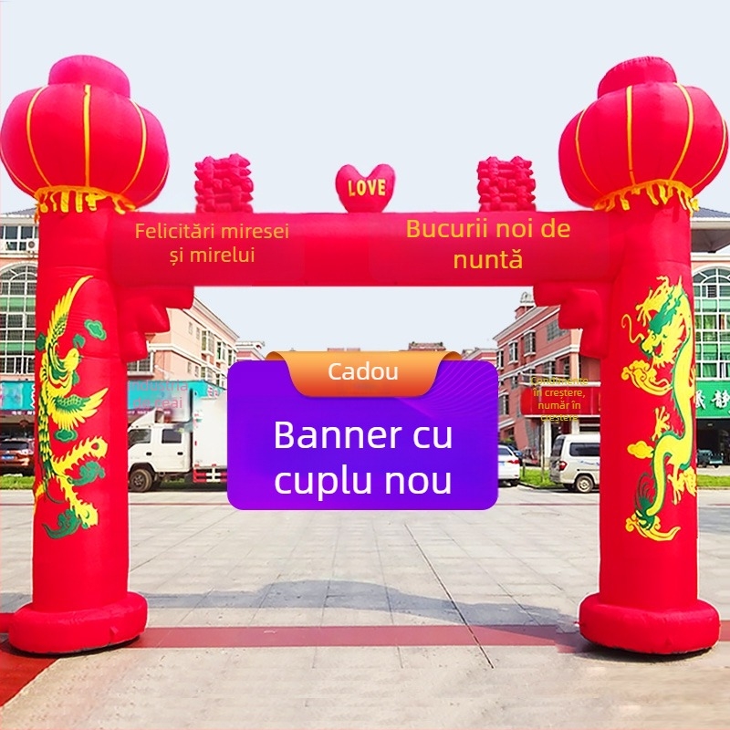 Arc de nuntă gonflabil pentru exterior, cu motiv Dragon și Fenix și curcubeu