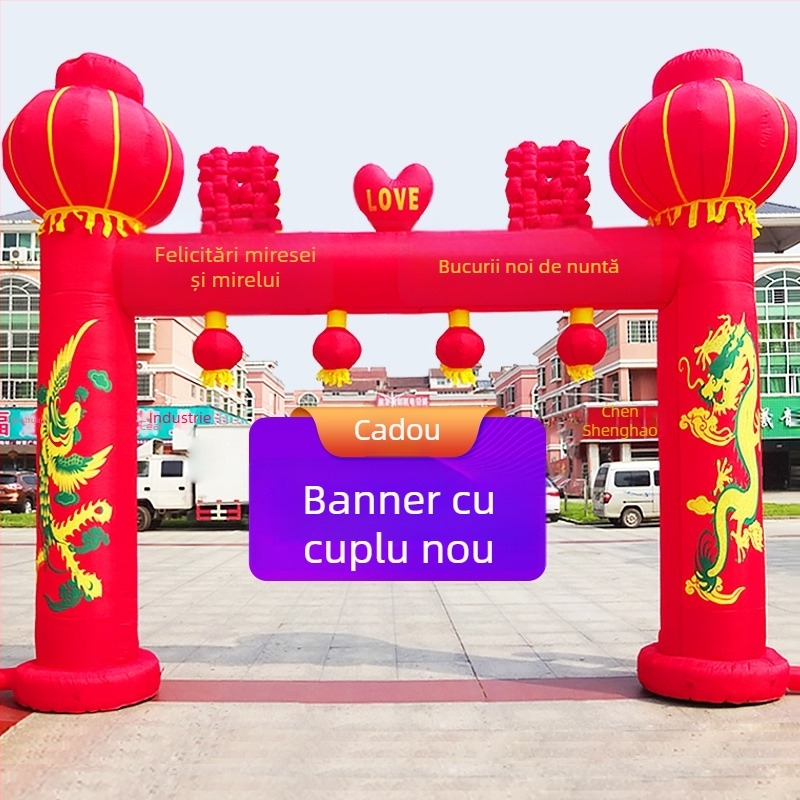 Arc de nuntă gonflabil pentru exterior, cu motiv Dragon și Fenix și curcubeu