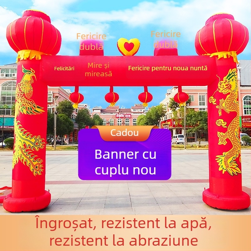 Arc de nuntă gonflabil pentru exterior, cu motiv Dragon și Fenix și curcubeu