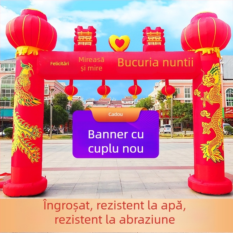 Arc de nuntă gonflabil pentru exterior, cu motiv Dragon și Fenix și curcubeu
